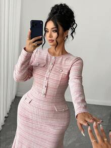 SHEIN Elenzya Plus Size Women's Knitted Elegant Business Casual Fall-Winter Dress - Pink - View 4