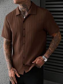 Manfinity CasualCool Men's Solid Color Short Sleeve Single-Breasted Shirt, Streetwear, Casual, Summer - Brown - View 6