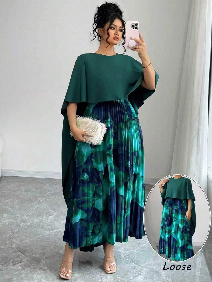 Elenzga Plus Size Green Pleated Design Dress, Suitable For Evening Party, Vacation, Spring/Summer/Autumn Fall - Dark Green - View 1