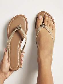 SHEIN SHUZIA Women's Seashell T-Strap Round Toe Flip Flops Thong Pool Sandals - Beige - View 2
