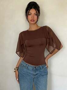 Siren Gaze Women's Bohemian Style Chiffon Knit Blend Cold Shoulder Shawl Top,Summer Top - Brown - View 6