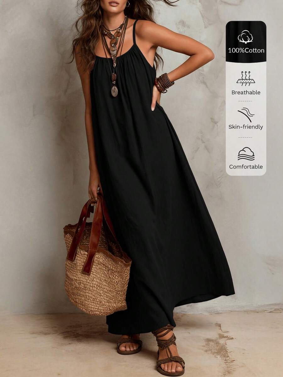 Solivie Women's Solid Color Pleated Casual Spaghetti Strap Dress For Vacation - Black - View 1