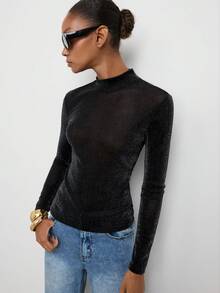 Maija Casual Business Sexy Basic Festival Mesh Top Summer Fall Modern Urban Minimalist Basic Commute Layering Long Sleeve Outwear - Black - View 7