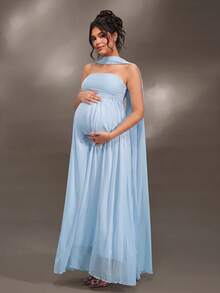 Cheriluna Maternity 聖誕派對拍照禮服 優雅性感 Baby Shower 孕婦裝 壓褶設計 純色露肩無袖套裝 淺藍色 秋季 - 淺藍色 - 查看 5
