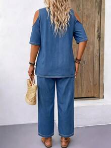 Breezaya Plus Size Women's Round Neck Top And Long Pants Casual Daily Denim Two Pieces Set - Blue - View 2