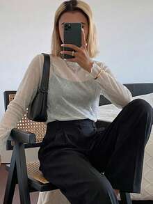 FRIFUL Women's Mesh Turtleneck Sheer Top, Layering Piece For Autumn - White - View 2