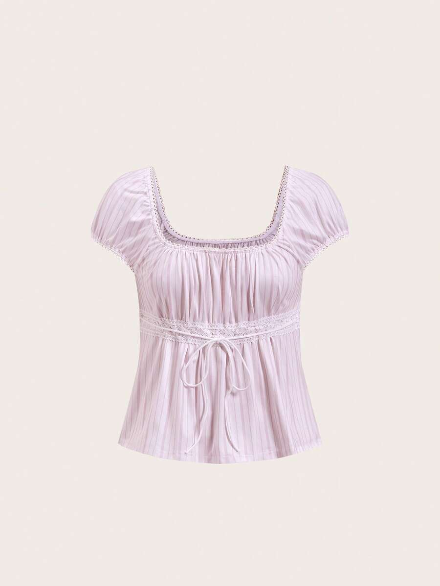 SHEIN EZwear 夏季穿搭 方领花瓣袖系带粉色条纹印花T恤 - 彩色 - 查看 1