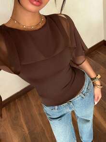Siren Gaze Women's Bohemian Style Chiffon Knit Blend Cold Shoulder Shawl Top,Summer Top - Brown - View 4