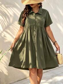SHEIN LUNE Plus Button Front Smock Dress - Army Green - View 1
