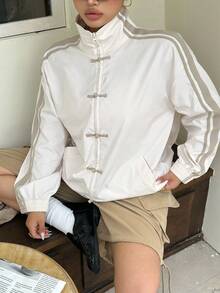 Muchica Chaqueta ligera de manga larga con diseño de botones y rayas para mujer talla grande, otoño - Multicolor - Ver 1