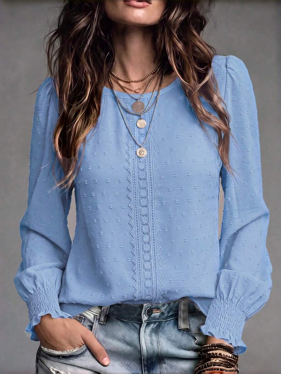SHEIN Women's Solid Color Contrast Lace Long Sleeve Elegant Blouse, Spring/Autumn Fall Cloth For Women - Blue - View 1