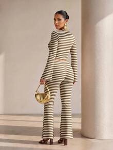 Xyvia Green And White Striped Casual Bell Sleeve T-Shirt And Bell Bottom Pants Set, Minimalist Fashion Style, Suitable For Spring And Autumn Wear, Spring And Autumn Outfit - Multicolor - View 2
