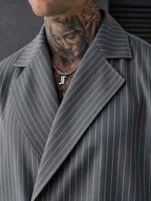 SLATEMANN 男士條紋翻領單扣休閒短袖襯衫 - 灰色 - 查看 5