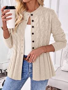 EMERY ROSE Áo cardigan nữ tay dài vặn thừng cài nút trước đa năng - Màu be - Xem 4