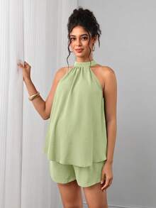 Momance 2pcs Maternity Set Halter Neck Sleeveless A-Line Loose Top With Adjustable Waist Straight Leg Shorts - Mint Green - View 4
