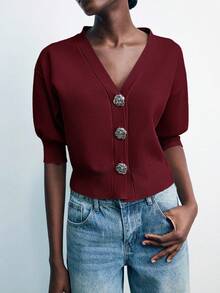 Maija Women's Solid Color Front Button Short Knit Cardigan, - Burgundy - View 1