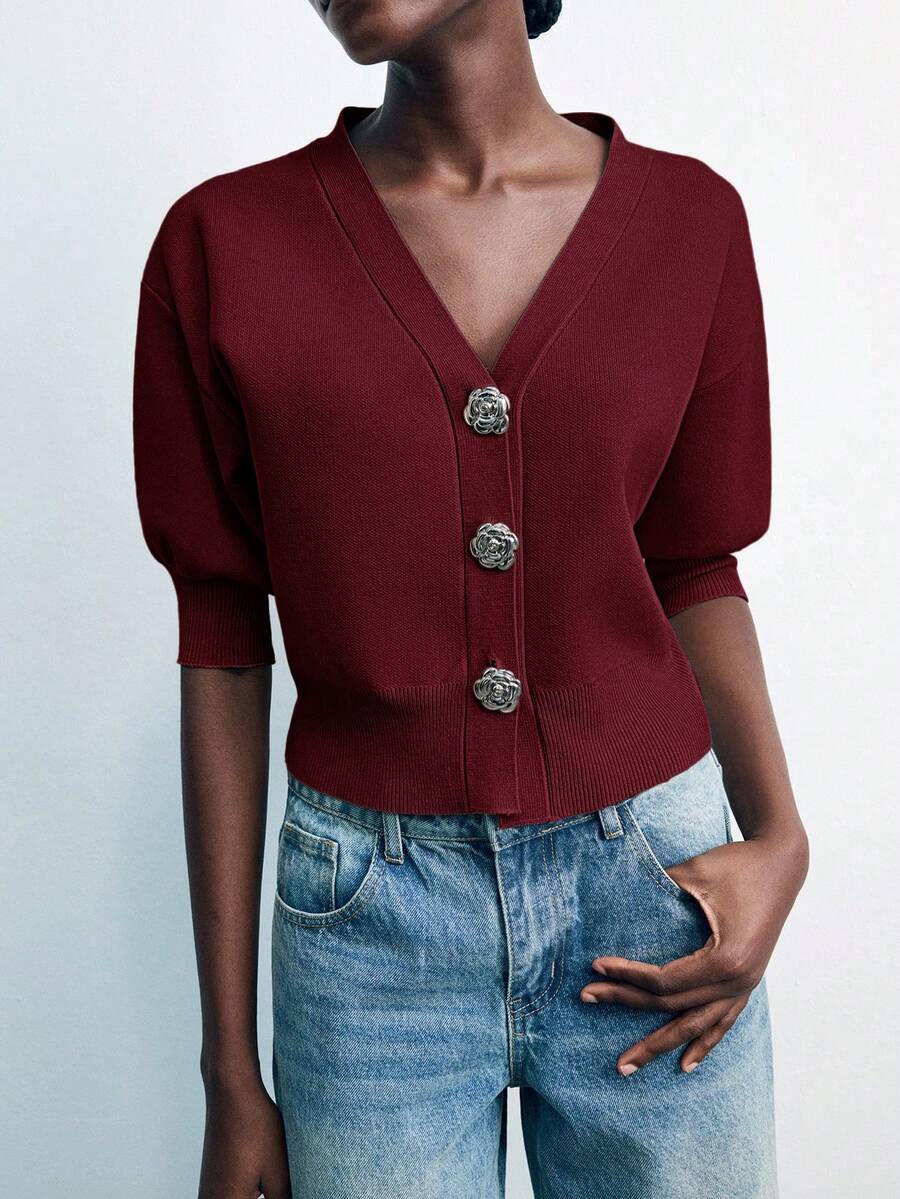 Maija Women's Solid Color Front Button Short Knit Cardigan, - Burgundy - View 1