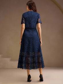 Anewsta Gaun Midi Tanpa Lengan Elegan dengan Hiasan Renda, Warna Putih Gading - Navy Blue - View 3