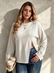 Elegantrix Blusa de mujer talla grande estilo francés elegante casual color crema blanco con encaje patchwork abertura lateral diseño holgado manga larga otoño chic brunch formal - Albaricoque - Ver 4