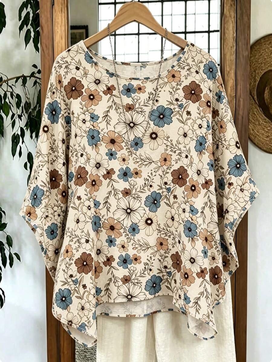 Linhara Spring/Summer New Lightweight Minimalist Casual Comfortable Vacation Home White Batwing Sleeve Round Neck Plus Size Women's Top - Multicolor - View 1