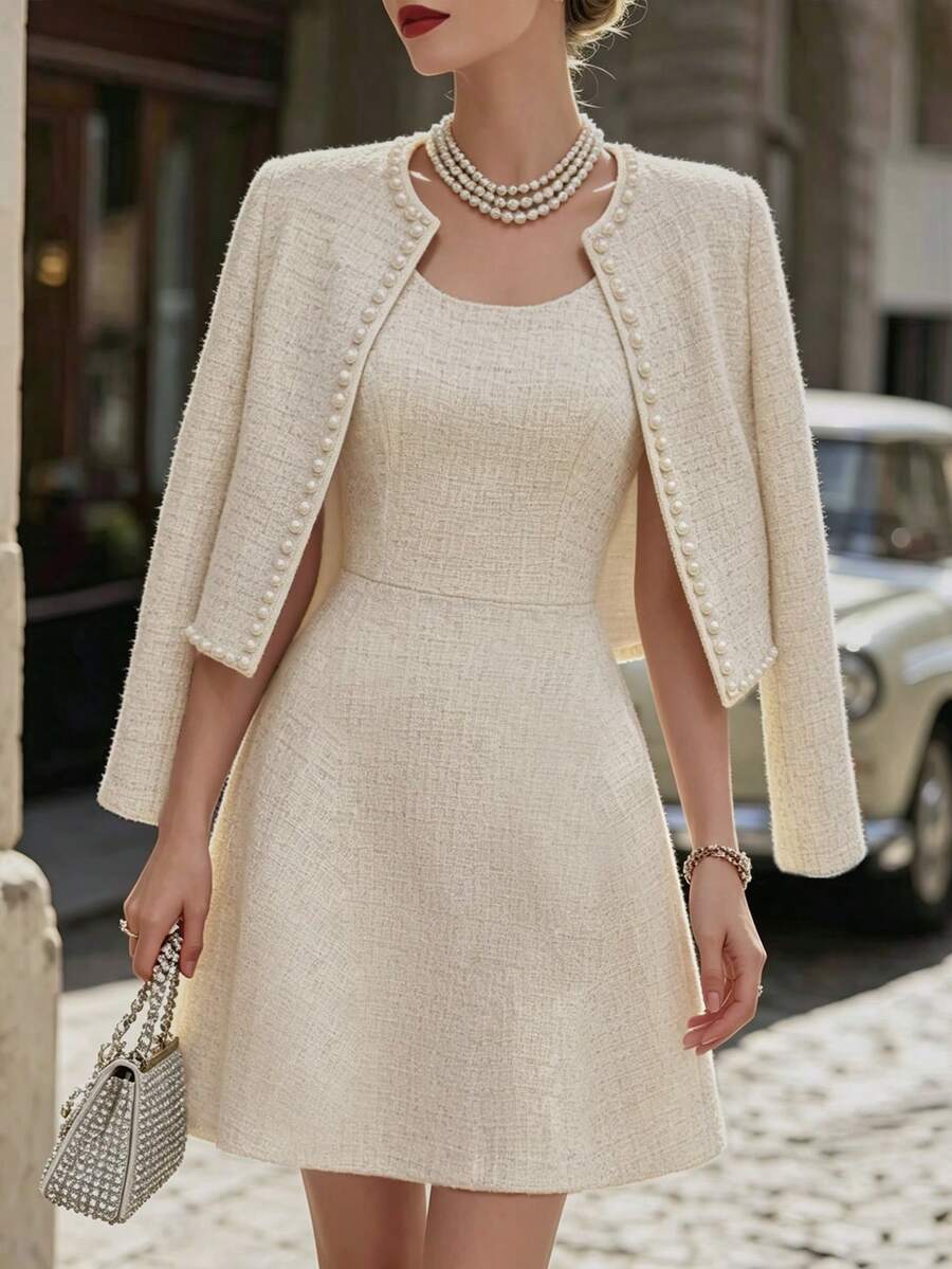 Balvessa Jaket Pendek Berhiaskan Mutiara & Gaun Pendek Tanpa Lengan, Set 2 Potong Wanita Elegan Gaya Prancis - Aprikot - View 1