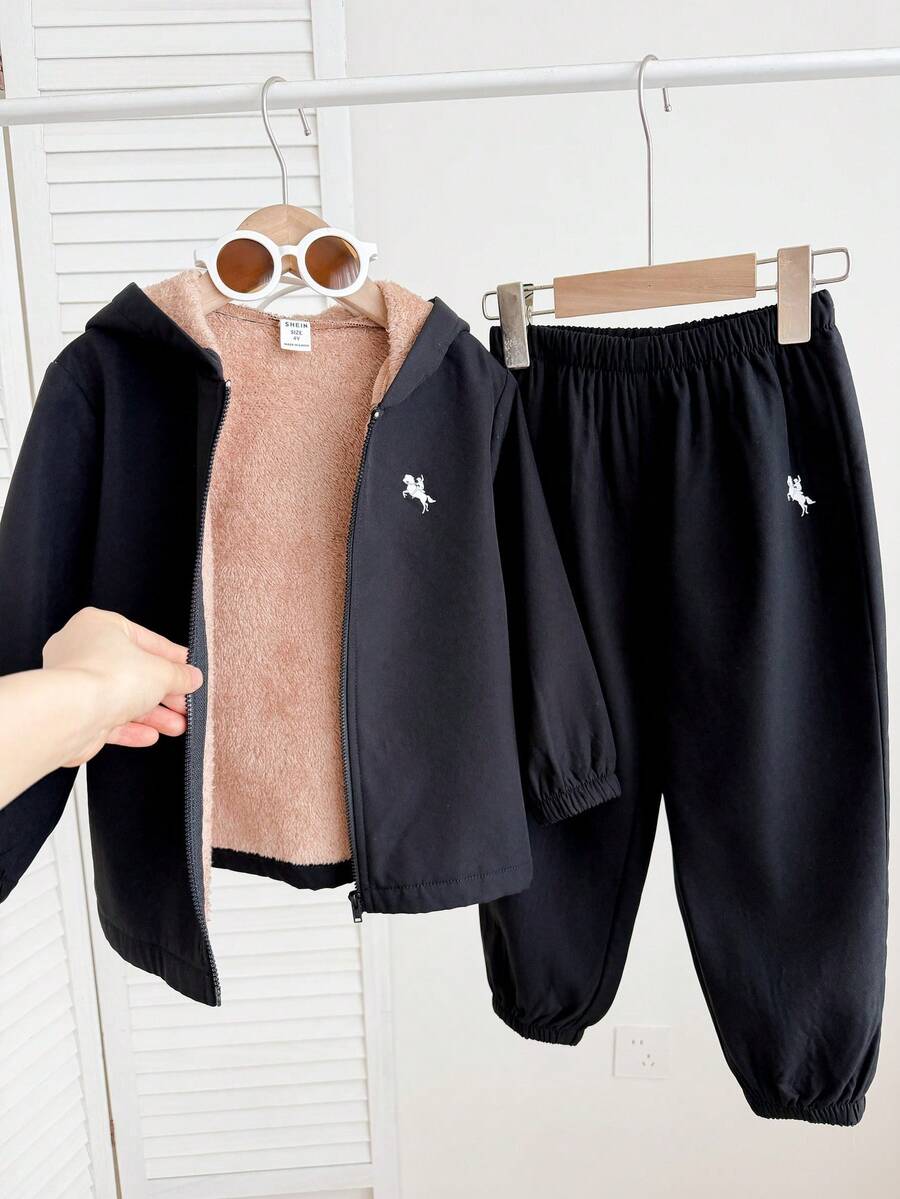 SHEIN 2件組兒童青少年外套,棕色保暖毛絨內裡褲子編織兩件套,適合通勤、上學 - 黑色 - 查看 1