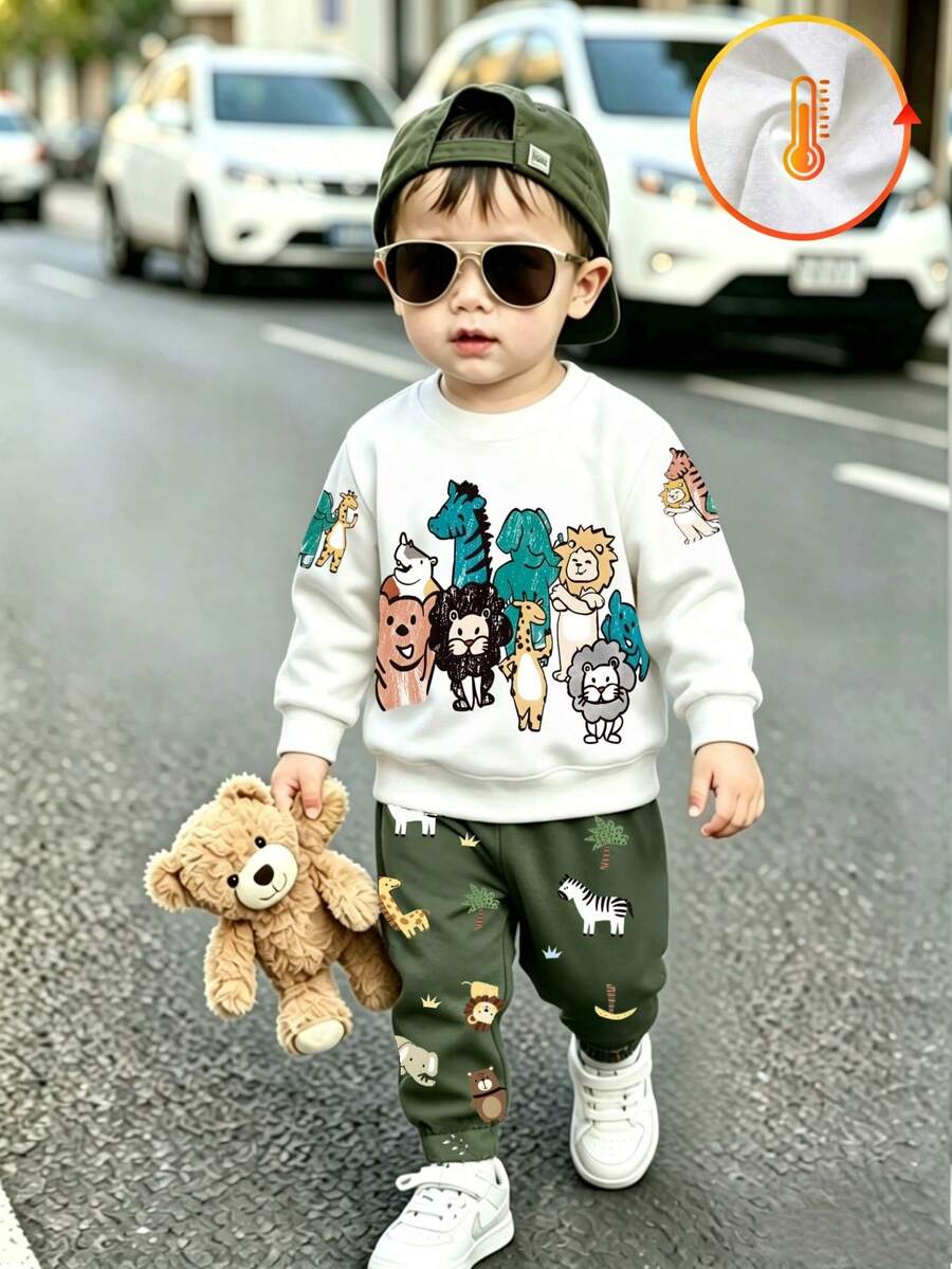 SHEIN 男童奶油色深綠色拼接卡通動物印花毛衣套裝 秋季寬鬆休閒長袖運動風可愛上衣褲子 - 彩色 - 查看 1