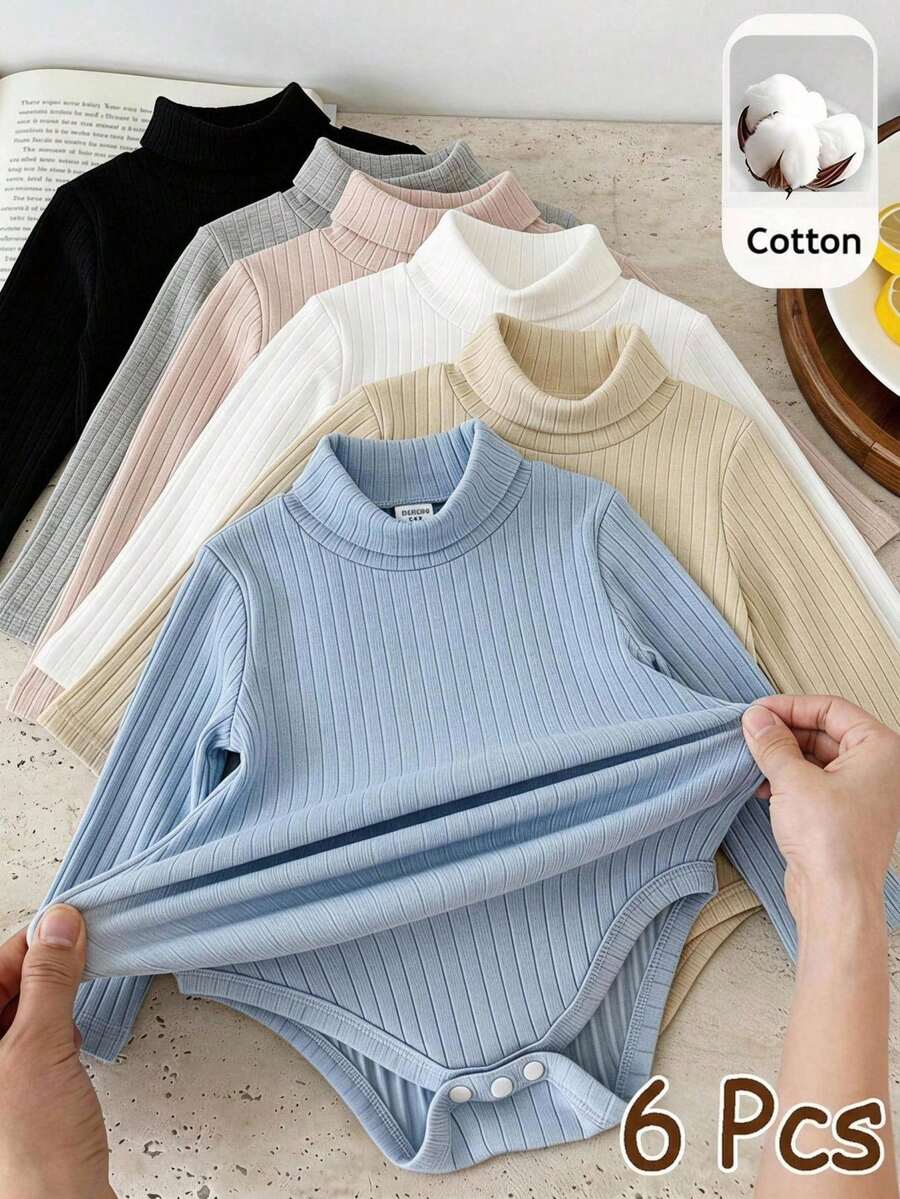 SHEIN 中性新生兒嬰兒男/女寶寶 6件組 100%純棉秋冬高彈性易穿脫高領長袖連身衣套裝,嬰兒冬季連身衣,聖誕 - 彩色 - 查看 1