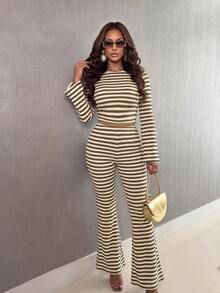 Xyvia Green And White Striped Casual Bell Sleeve T-Shirt And Bell Bottom Pants Set, Minimalist Fashion Style, Suitable For Spring And Autumn Wear, Spring And Autumn Outfit - Multicolor - View 5