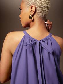 Vixey Solid Woven Bubble Hem Halter Neck Midi Dress - Purple - View 5