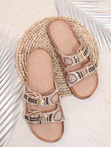 VACAZURE Women's Boho Beaded Double Buckle Open Toe Cork Footbed Multi Tan Slide Sandals-Colorful Vintage Style Summer Shoes Spring Shoes Spring Break Easter Vacation Shoes Casual Shoes Beach Shoes Mother's Day Present For Christmas Valentine's Day Summer Shoes - Brown - View 4