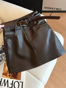 GlowEve Women's Solid Color PU Leather Fashion Versatile Daily Casual Skirt - Coffee Brown - View 1