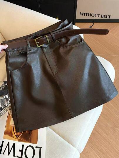Qadelle Women's Solid Color PU Leather Fashion Versatile Daily Casual Skirt