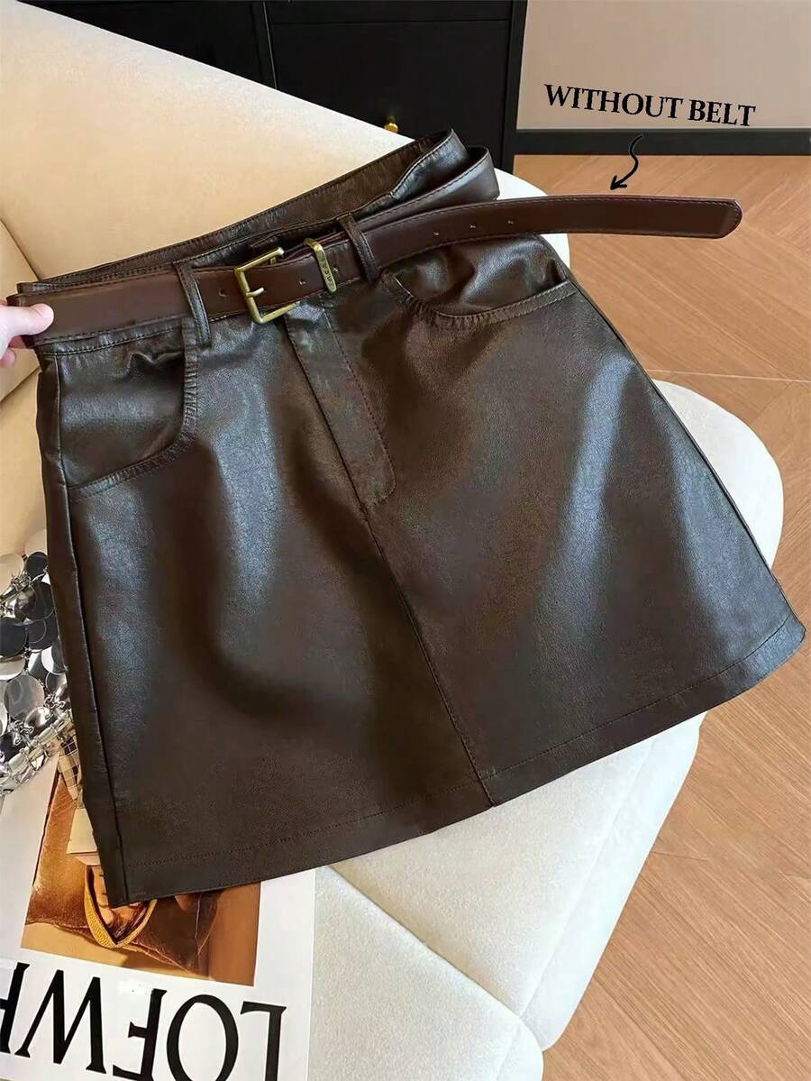 GlowEve Women's Solid Color PU Leather Fashion Versatile Daily Casual Skirt - Coffee Brown - View 1