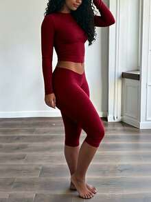 INAWLY Solva Setelan 2 Potong Wanita Lengan Panjang Warna Polos dan Legging Kasual untuk Sehari-hari - Burgundy - View 5