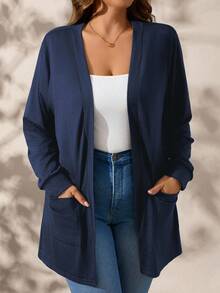 SHEIN Clasi Plus Size Black Long Sleeve Loose Knit Jacket With Pockets Winter Fall Autumn - Navy Blue - View 3