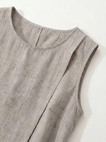 SHEIN LUNE CURVE طقم نسائي مقاس كبير بلون موحد برقبة دائرية وبلوزة وبنطلون طويل كاجوال للاستخدام اليومي - بني - مشاهدة 4