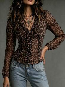 Everyssa Vintage Leopard Print V-Neck Ruffle Trim Cinched Waist Long Sleeve Pleated Petal Sleeve Slimming Blouse - Multicolor - View 8