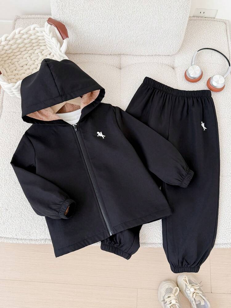 SHEIN 2pcs Kids Young Coat, Brown Warm Plush Inner Pants Woven Two Pieces Set Suitable For Commuting, School - Black - View 6