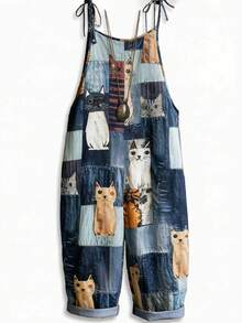 EMERY ROSE Plus Size Women Casual Cat Print Jumpsuit - Multicolor - View 3