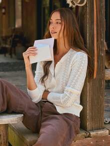 WESTFADE Button Front Long Sleeve Pointelle Knit Cardigan Sweater, Winter, Fall, Autumn, Cowgirl, Female Country Look, Back To School, Western, Rodeo, Cute Top - Beige - View 1