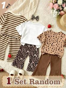(Random 3 Sets,Send 1 Set)Baby Girl Leopard Print Letter Heart Bow Rabbit Flower Stripe Pattern Basic Daily Short T-Shirt & Flared Pants 2-Piece Set, All Season Wear - Multicolor - View 2