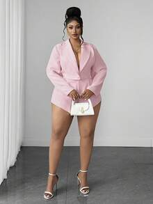 Maweii Plus Size Women's Pink Lapel Open Front Long Sleeve Short Blazer + Short Shorts Set, Pink Suit Set, Elegant, Fashion, Casual, Commute, Business Office, Daily Casual, Versatile Elegant, Urban Teacher Professional Outfit, Sexy Date, Party Wear - Pink - View 5
