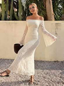 DAZY Women's Elegant Lace Off-Shoulder Long Dress, Spring/Summer Wedding Guest Dress Sundress - Beige - View 5