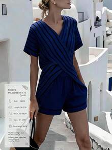 Breezaya Damen Strandurlaub Überkreuz-Bindetop + Shorts 2-teiliges Set, Lässiges Alltagsoutfit, Gestreiftes Blumenmuster Set - marineblau - Übersicht 1