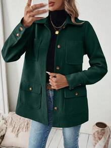 SHEIN PariChic 女款純色口袋休閒百搭日常旅行長袖外套 - 綠色 - 查看 6