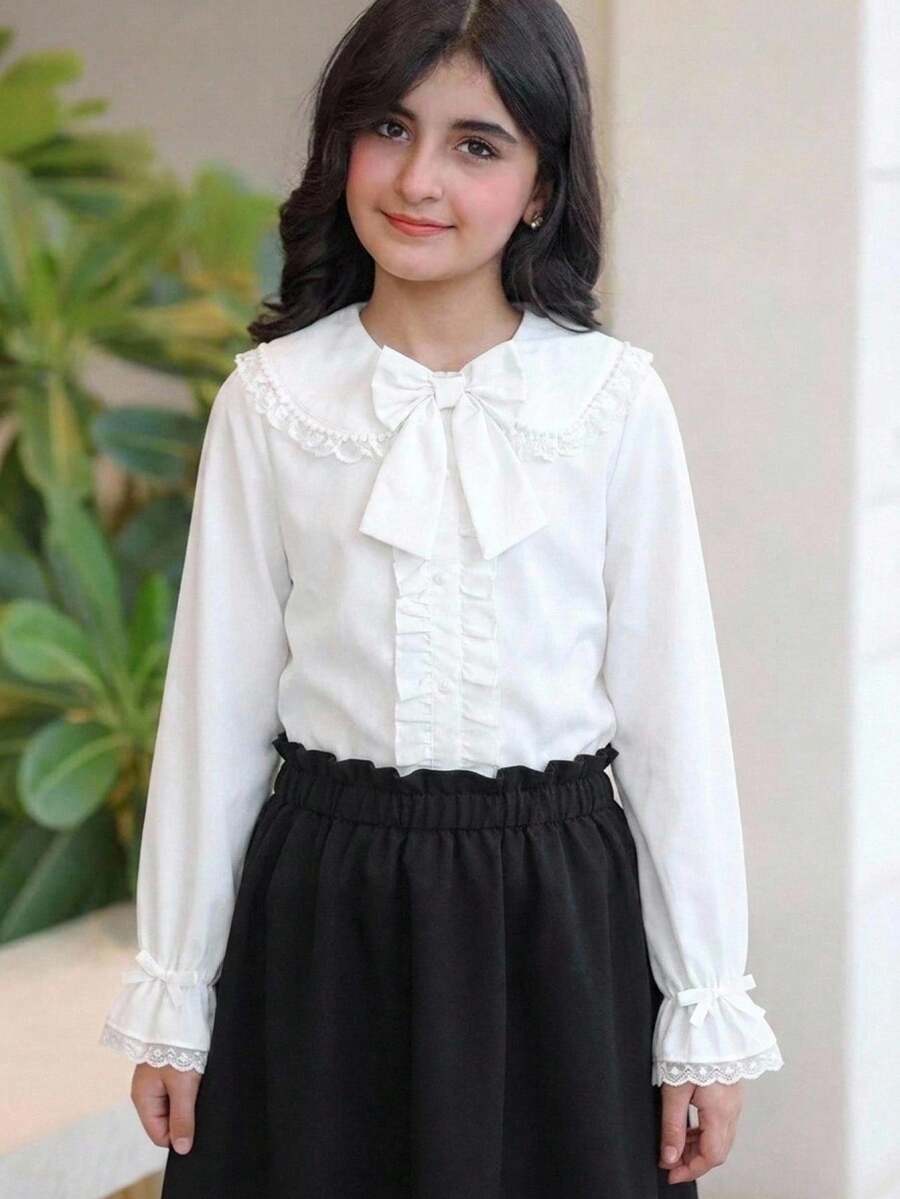 SHEIN قميص أنيق مزين بكشكشة مع أزرار أمامية، فضفاض وكاجوال وبسيط ومريح للارتداء اليومي للفتيات المراهقات - أبيض - مشاهدة 1