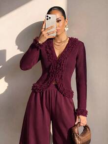 Xyvia Women's Solid Color Frill Trim Casual Versatile Daily Wear Cardigan - Burgundy - View 5