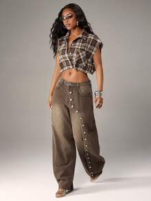 Denimoi Button Detail Wide Leg Barrel Jeans Fashionable Streetwear Statement Jeans Boyfriend Jeans - Rust Brown - View 3