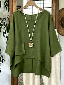 Linhara Camisa de cuello redondo de color verde sólido con dobladillo asimétrico, de estilo retro, casual, sencilla y versátil, perfecta para atuendos de primavera/verano para mujeres de talla grande - Verde - Ver 4